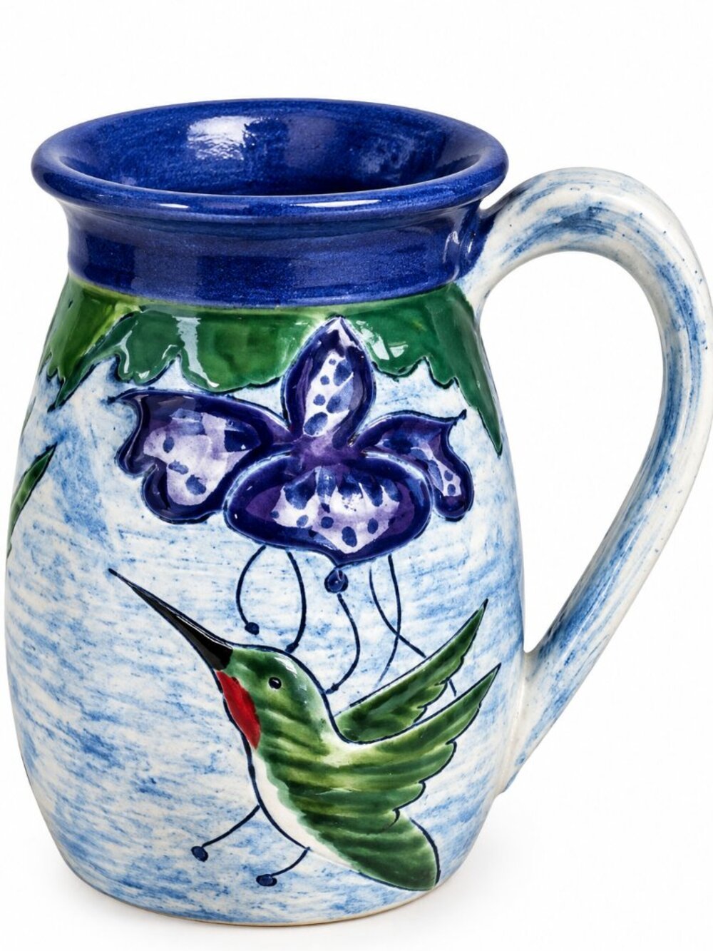 Handcrafted Hummingbird Floral Pottery Mug Blue Green Hand Painted Artisan